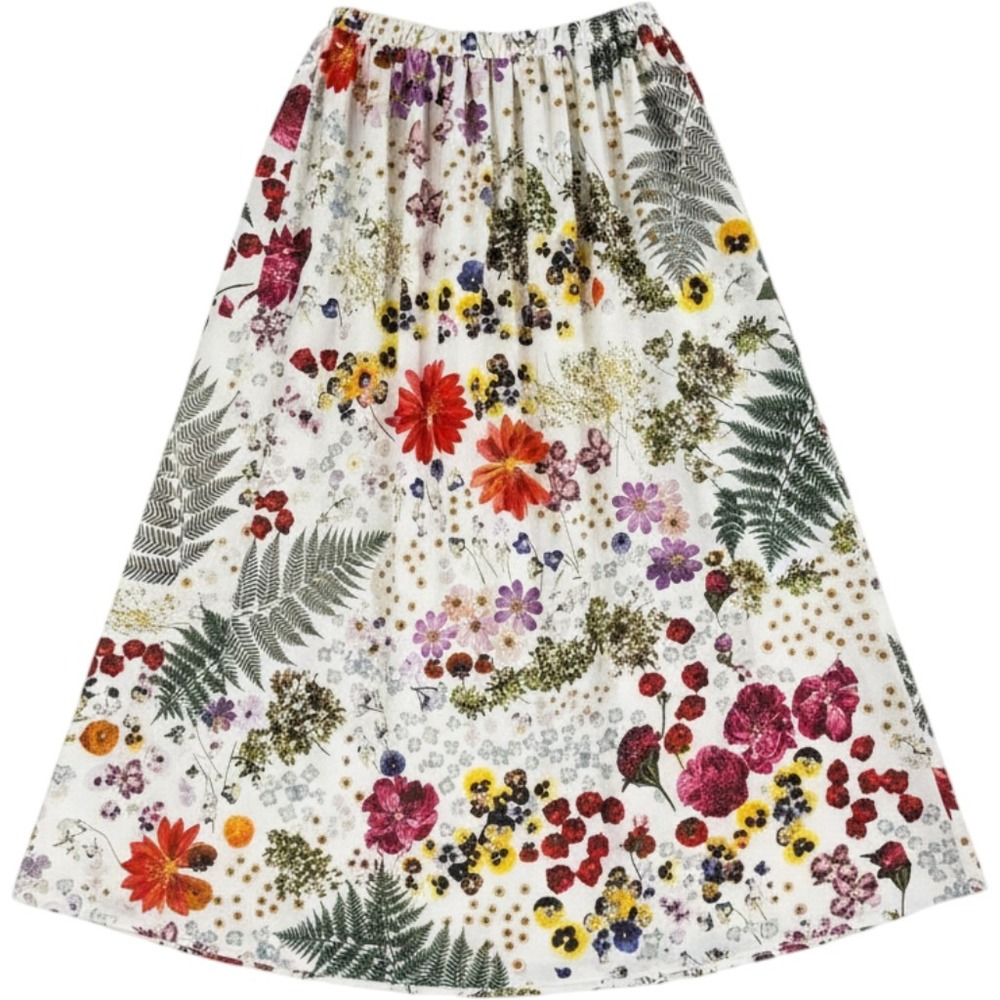 Dauphinette Midi Skirt White M Botanical Floral Fern Pansy Cottagecore Garden